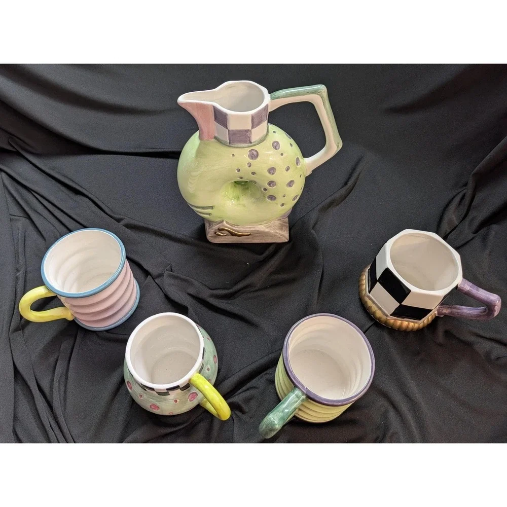 Vintage 1998 CBK Ltd Ceramic Whimsical Tea Set 5 Piece Postmodern Memphis Style